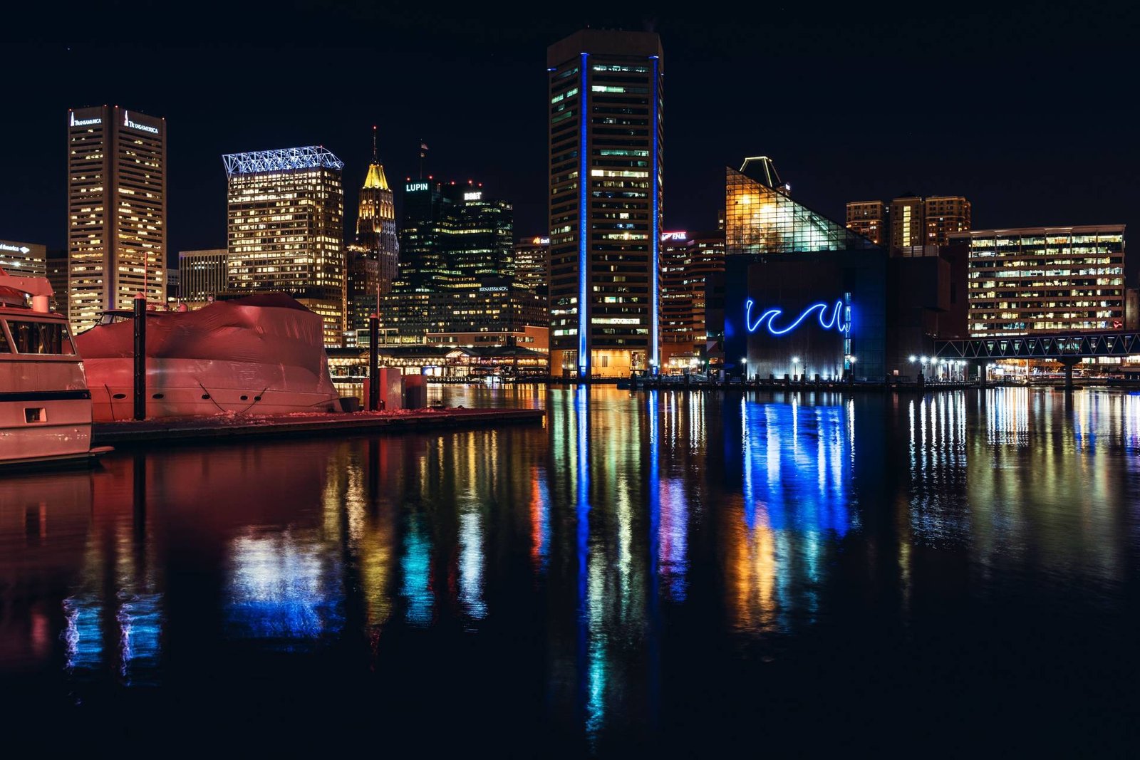 Baltimore Inner Harbor skyline at night, Maryland commercial property insurance