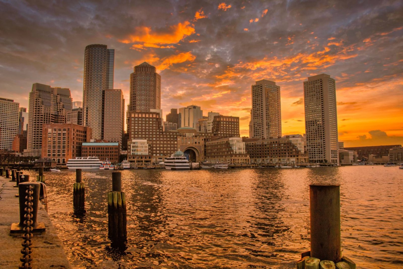 Boston skyline over the harbor at sunset, Massachusetts commercial property insurance