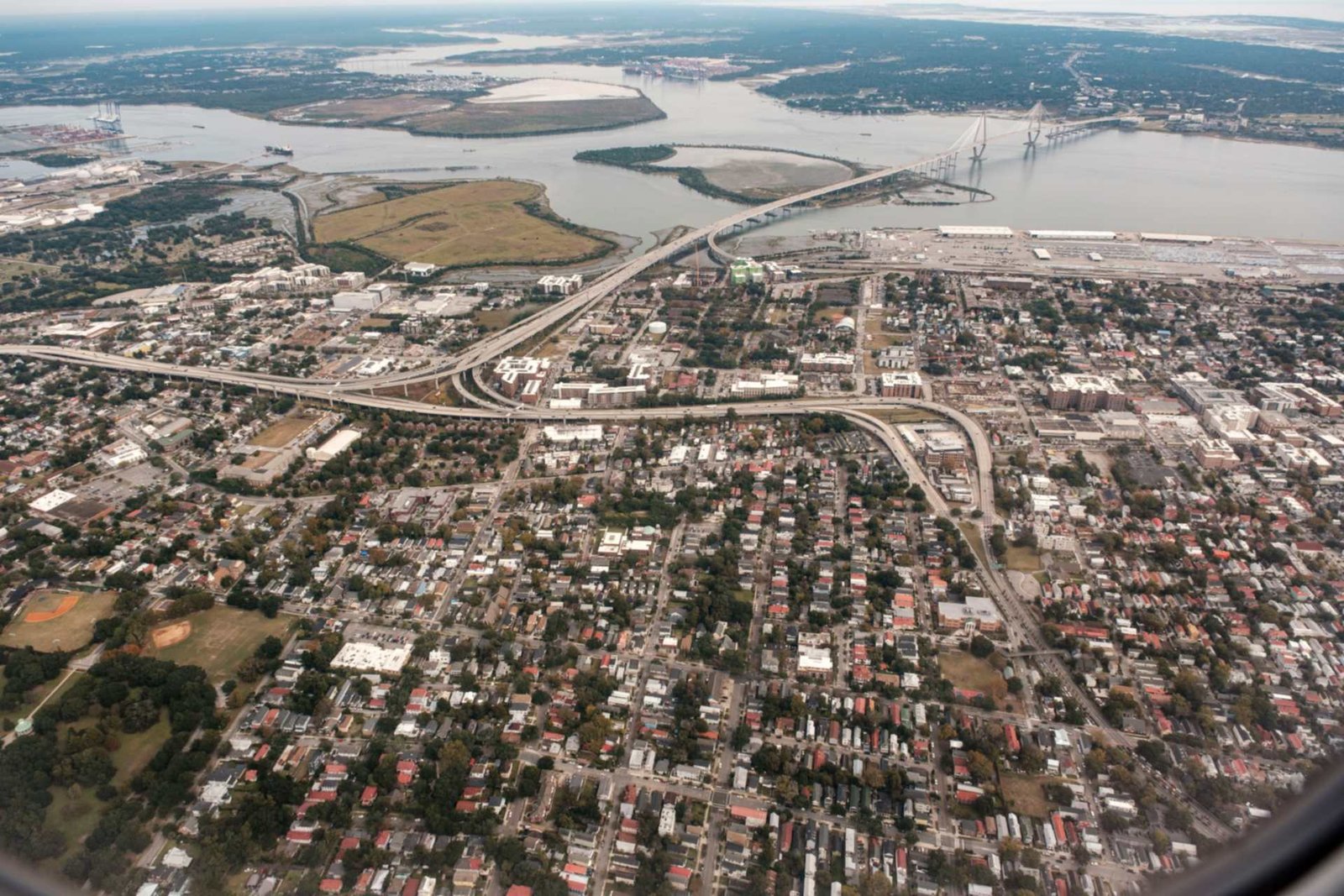 Charleston and the Ravenel Bridge from the air, South Carolina commercial property insurance