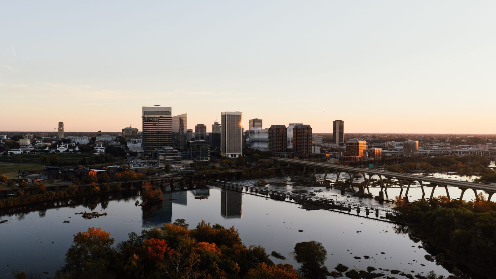 Richmond skyline on the James River at sunset, Virginia commercial property insurance