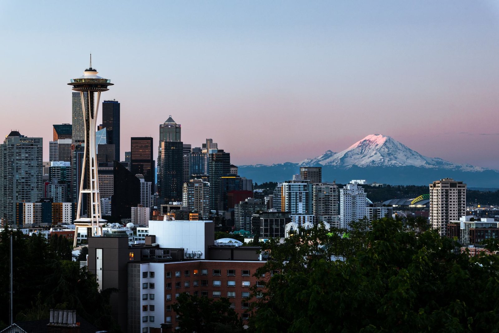 Seattle skyline, the Space Needle and Mount Rainier, Washington commercial property insurance